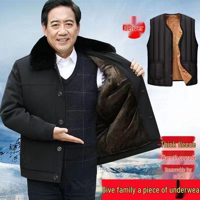 Men's Winter Coat for Seniors - Thickened Cotton Padded Jacket with Buttons for Ages 70-80