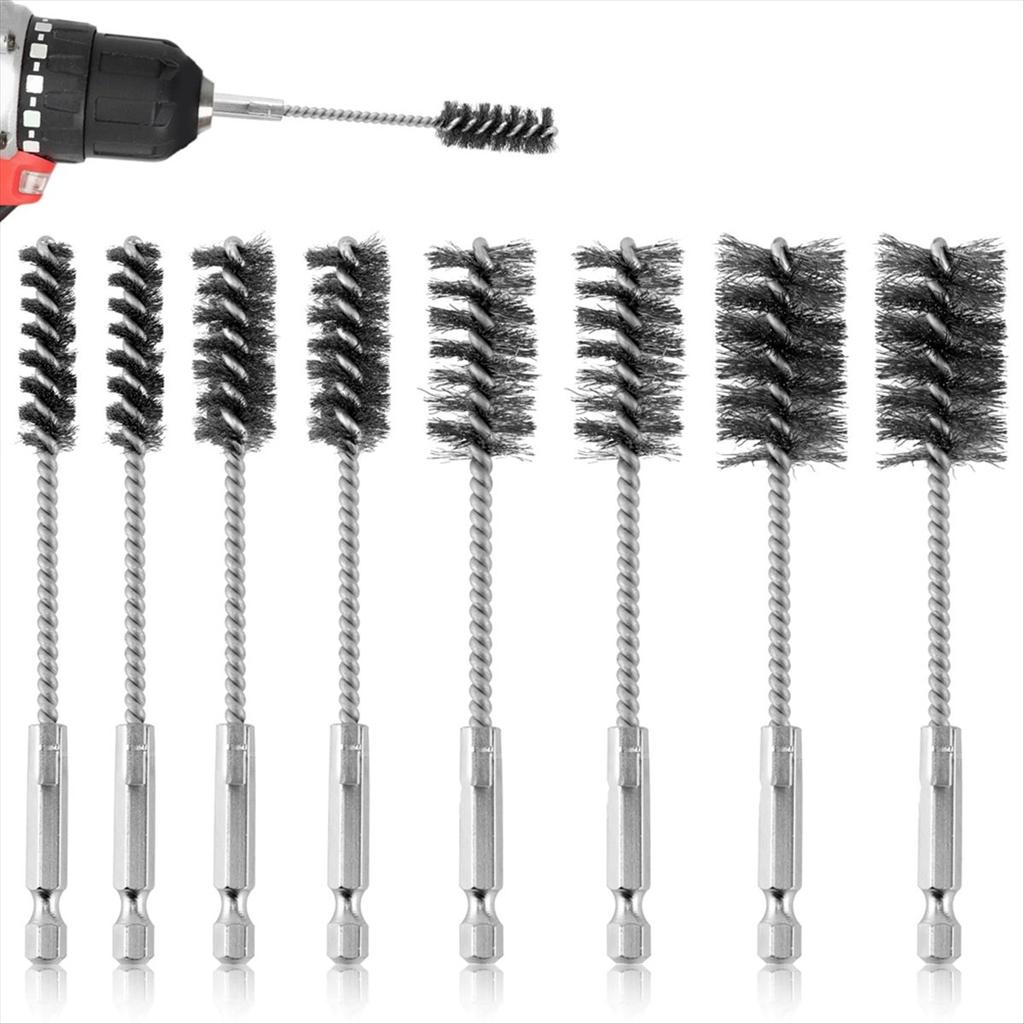 BHBL 8pcs Bore Brush, Stainless Steel Wire Brush Drill Attachments with 1/4 Inch Hex Shank Twisted Wire Cleaning Tools