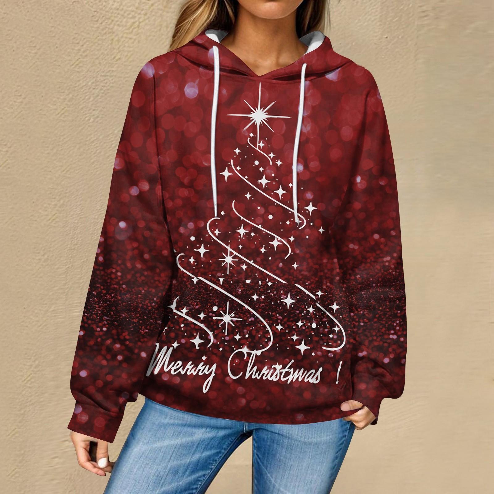 

Женская повседневная мода рождественский принт длинный рукав пуловер толстовки с капюшоном свитшоты XXXL винный