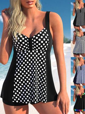 Ny Sommar Dam Tvådelad Klassisk och Hållbar Vit Prickig Baddräkt Sexig Semester Strand Väst Kjol Set S-6XL
