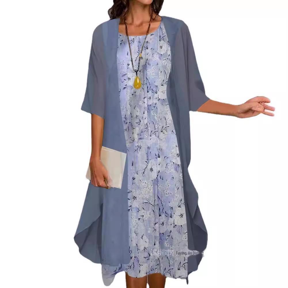 Top-Selling European & American Fashion: Spring & Autumn Casual Printed Chiffon Dress Two-Piece Set