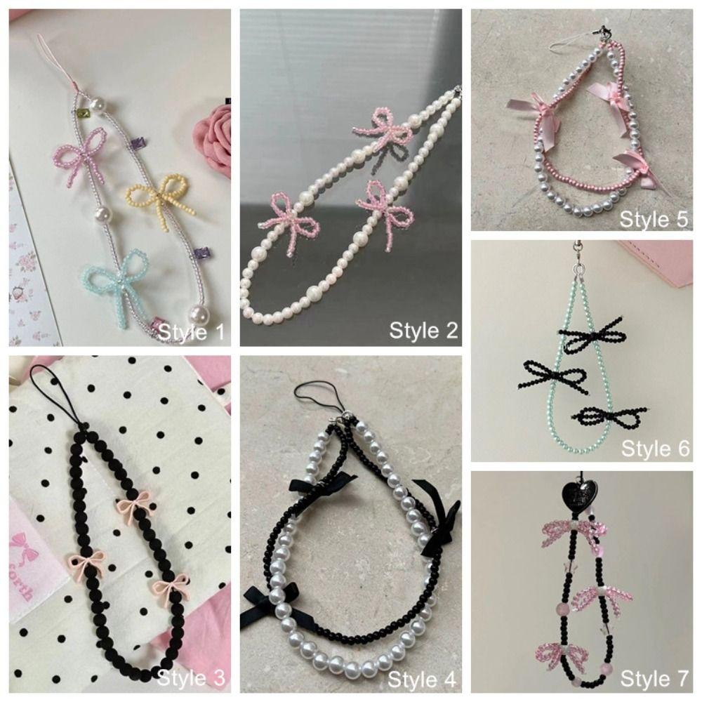 Pearl Beads Cell Phone Pendant Wrist Strap Phone Lanyard Fashion Bowknot Phone Charm  Woman Girl