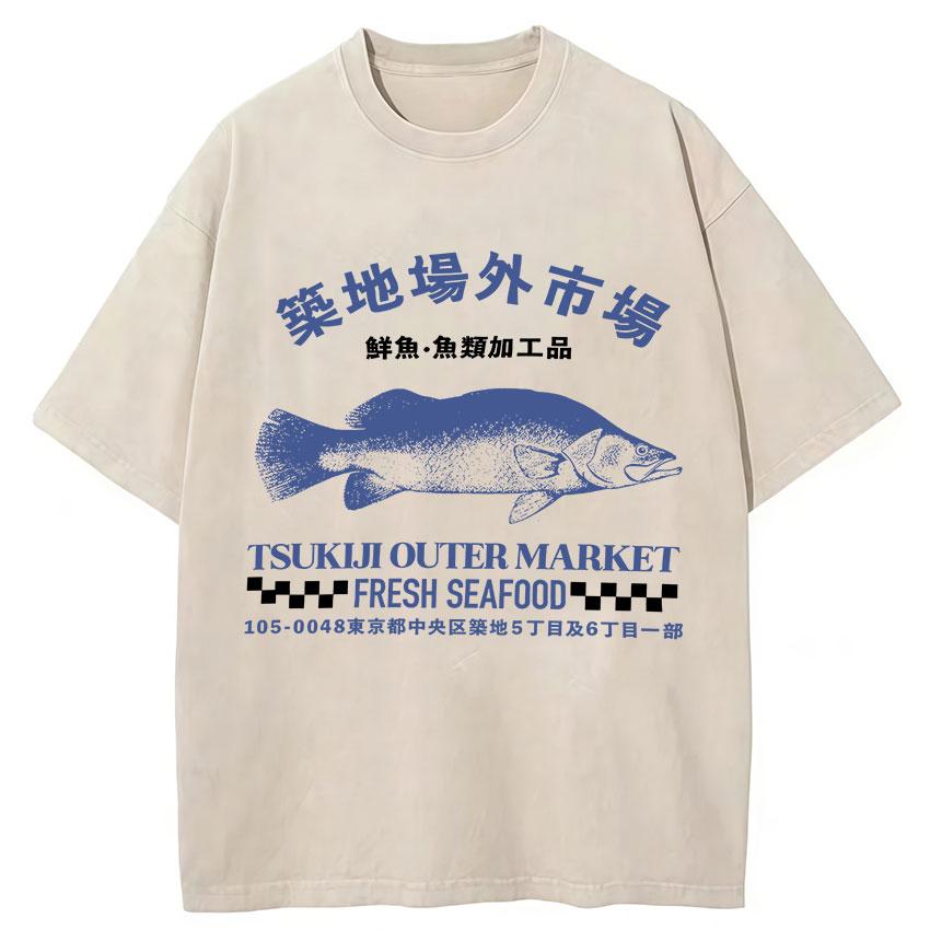 Funny Fish Japanese Tsukiji Market Vintage Washed T Shirts Unisex Women Summer Fashion Cotton Short Sleeve Tshirt Streetwear