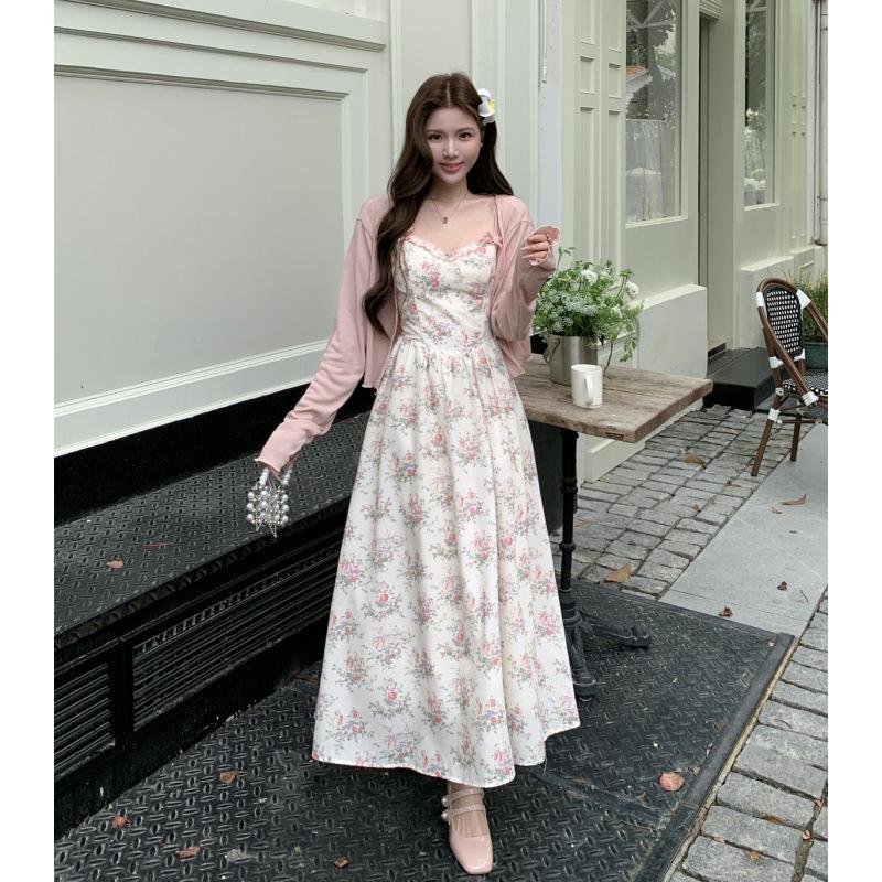 Plus Size French Retro Print Suspender Dress & Cardigan Set
