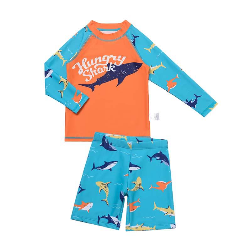 Korean Style Boys' Cartoon Shark 3-Piece Swimsuit Set: Long Sleeve, Shorts, Sunscreen, Breathable