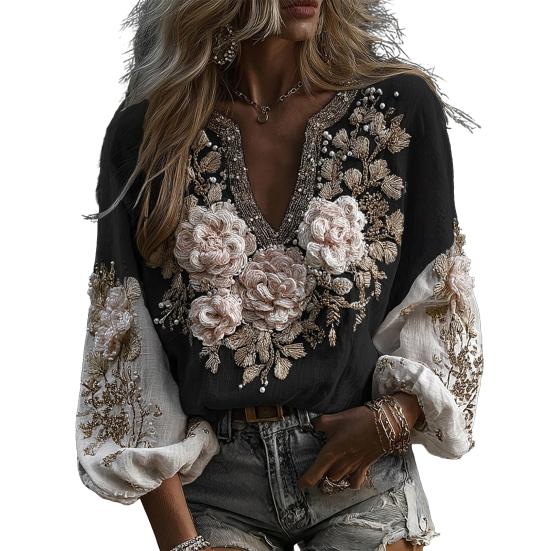 Women Shirt Oversize V-Neck Long Sleeve Casual Spring Autumn Shirt 3D Flower Printed Pattern Relaxed Fit Shirt Daily Wear