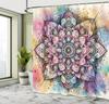 Colorful Shower Curtain, Oriental Boho Flourishing Mandala Flower and Aquarelle Look Hues Print, Cloth Fabric Bathroom Decor Set