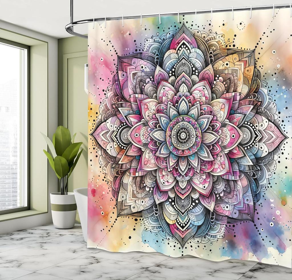 Colorful Shower Curtain, Oriental Boho Flourishing Mandala Flower and Aquarelle Look Hues Print, Cloth Fabric Bathroom Decor Set