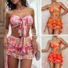 Sexy Printed Bikini Three-Piece Swimsuit European And American Lace-Up Pleated Skirt Bikini Hot Spring Swimsuit Women