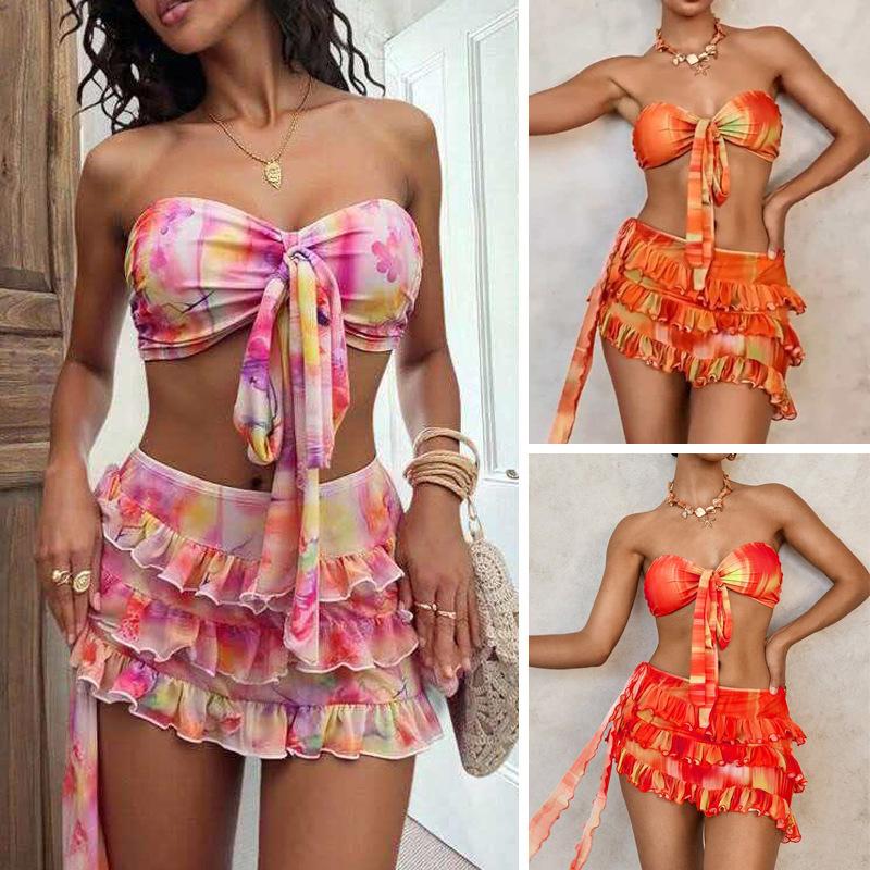 Xqwewanticedd Women's Pink Sexy Printed Bikini Three-Piece Swimsuit European And American Lace-Up Pleated Skirt Bikini Hot Spring Swimsuit Cm