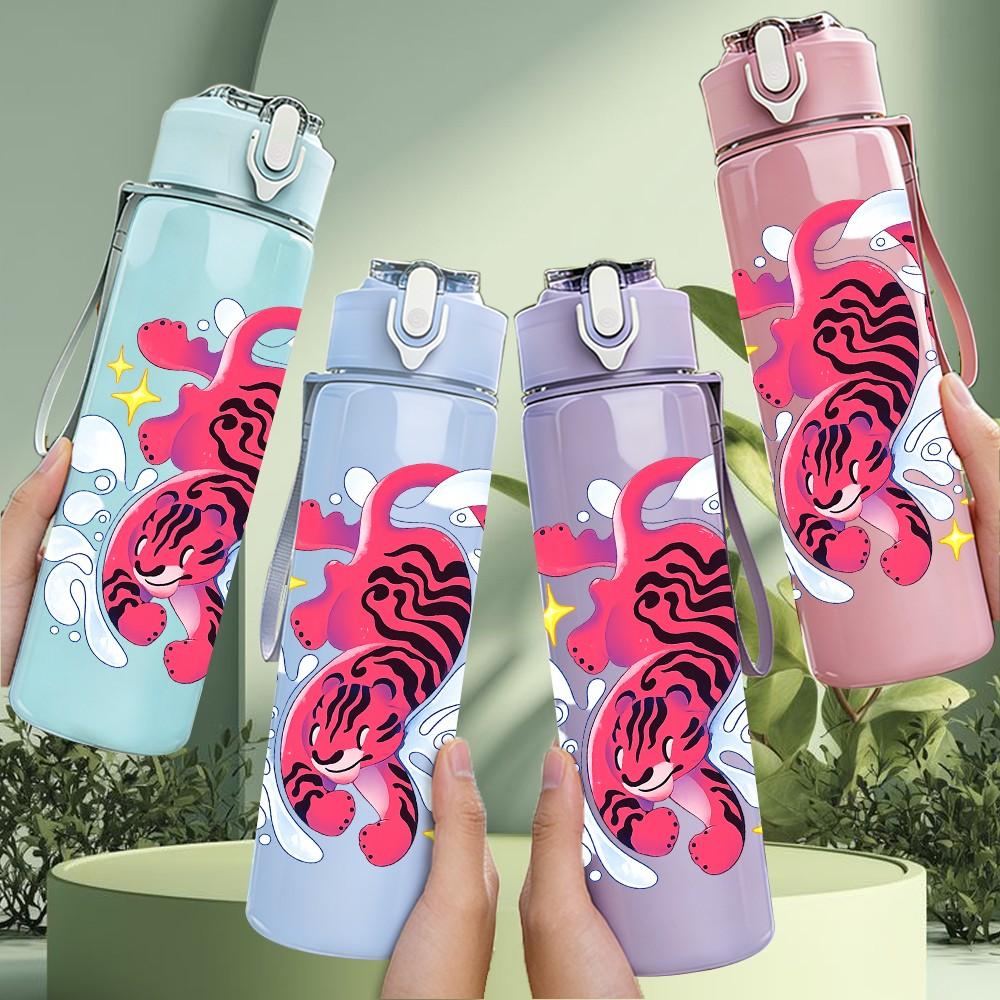 1PC Pink Tiger Ink Splash Art Print 750ml Color Plastic Sports Water Bottle Leakproof Flip Straw Lid Suitable for Sports Office Home Use