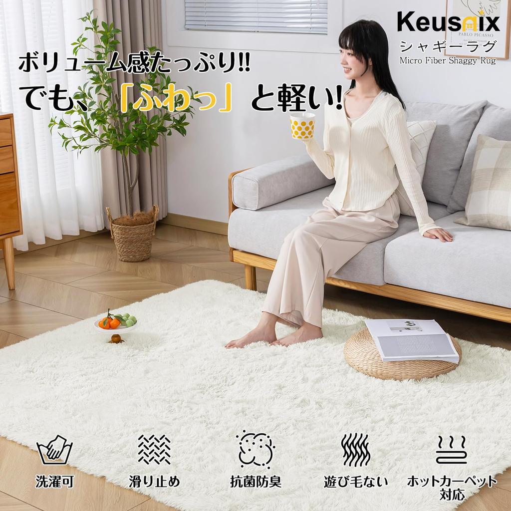 Keusnix Fluffy Shaggy Gentle on the Dust Mite and Odor Compatible with Floor Heating and Hot White Rug, 200x250cm, Non-Slip, Washable, Skin,