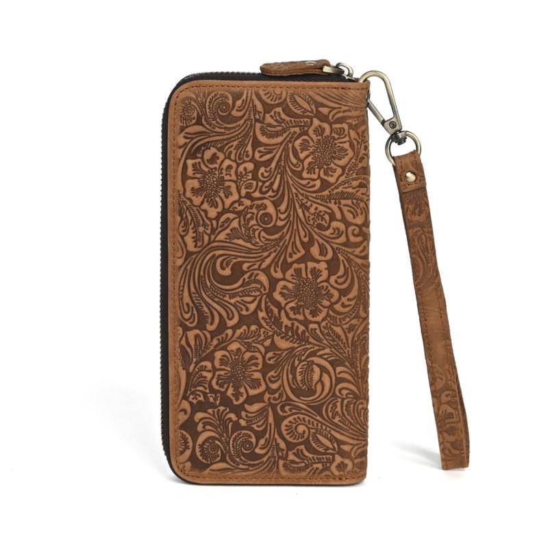 Johnature Crazy Horse Leather Long Wallet Men's Card Bag Retro Embossed Zipper Multi Card Holder Purse