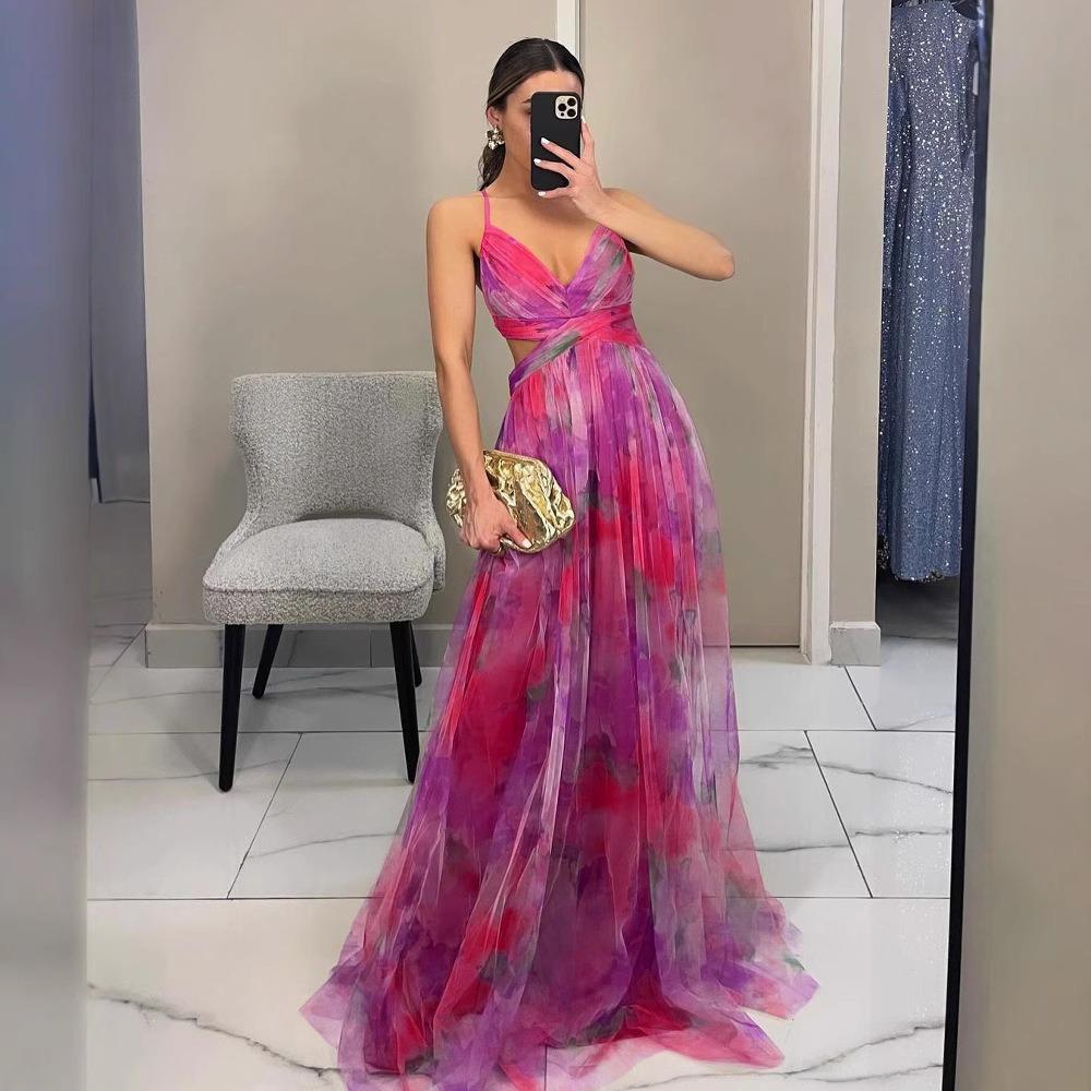 Popular Dress Mesh Printed Suspender Dress INS Vacation Party Dress Summer