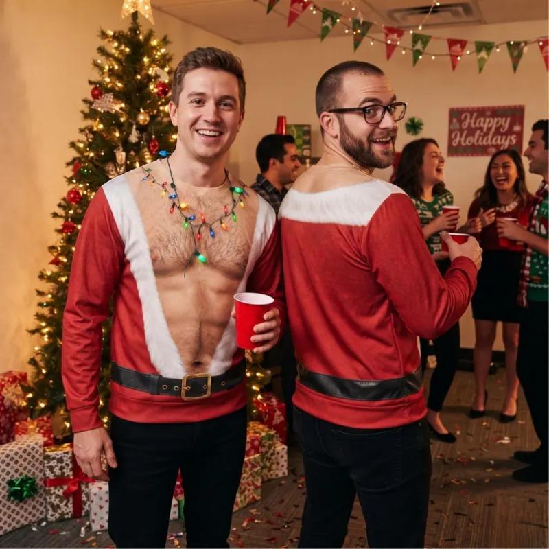 New Santa Hairy Chest Tattoo Illusion Christmas Sweatshirt Novelty Fake Suit Graphic Pullover Unisex Funny Party Tops