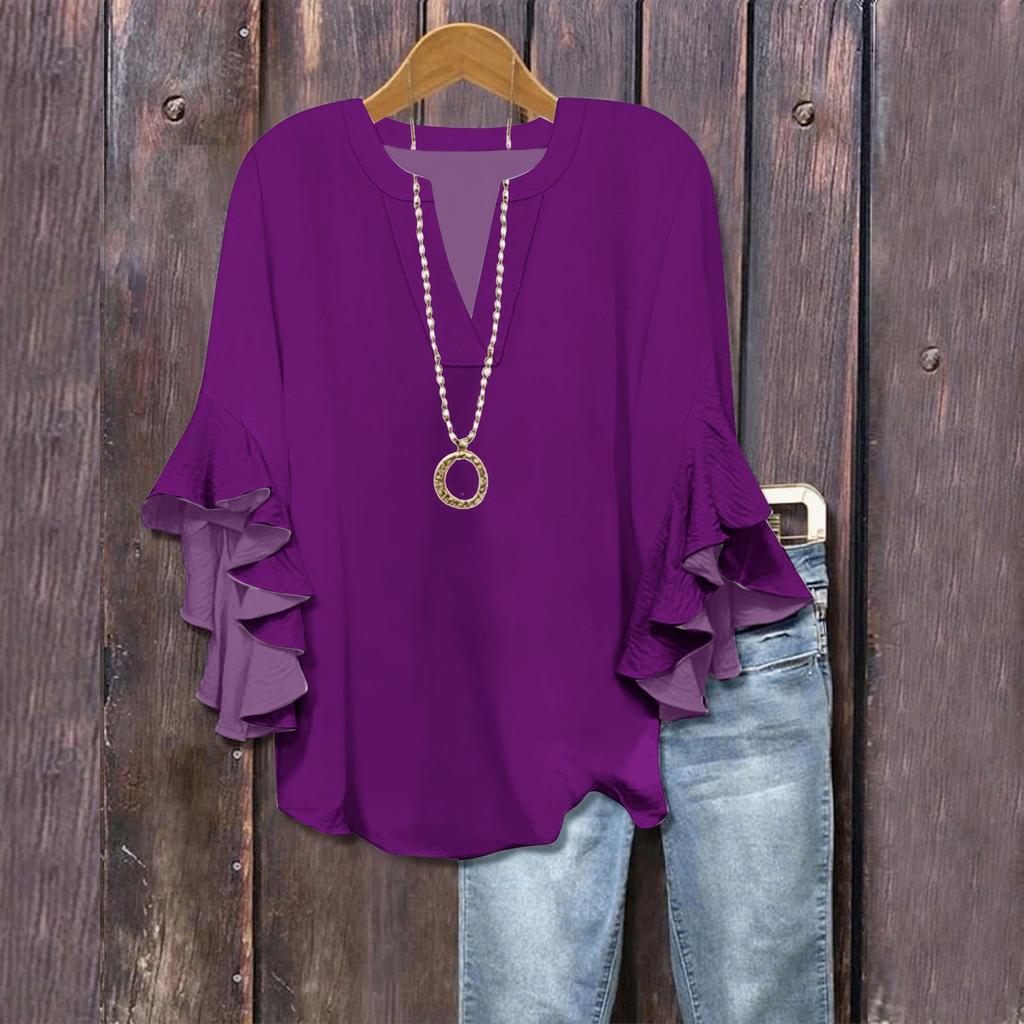 3/4 Sleeve Shirts For Women Cute Print Graphic Tees Blouses Casual Plus Size Basic Ruffled Sleeve Tops Pullover