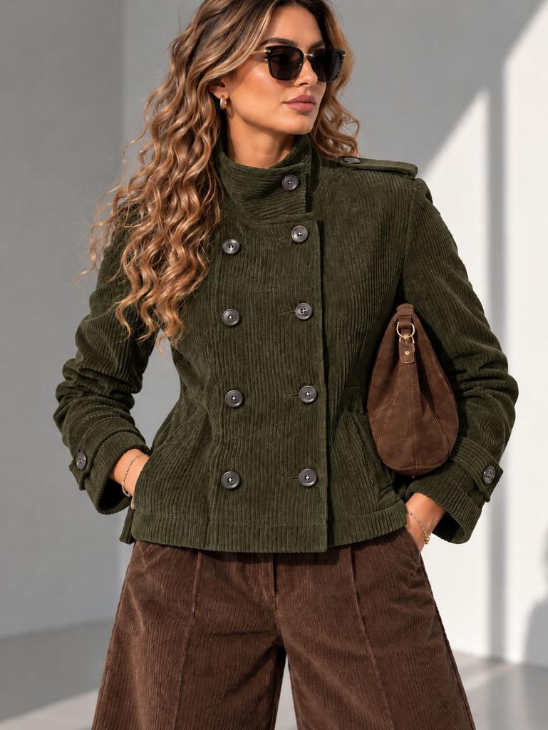 Autumn/winter new women's vintage stand-collar double-breasted corduroy slim short jacket