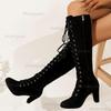 Taglie Forti 35-43 Stivali da Donna a Mezza Gamba in Pelle Scamosciata Marrone Zip Laterale Tacco Chunky Retro Tacco Alto Moda Autunno Inverno Al Ginocchio