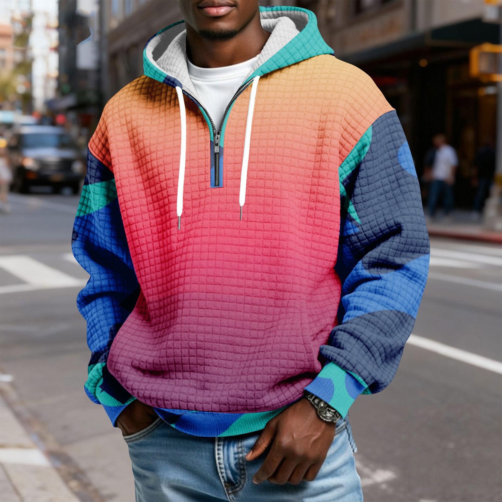 

Men s Half-Zip Hooded Plaid Pullover Drawstring Print Casual Sports Sweatshirt XL красный