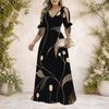 Women Plus Size V Neck Cold Shoulder Short Sleeve Tie Cuffs Printed A Line Long Dress