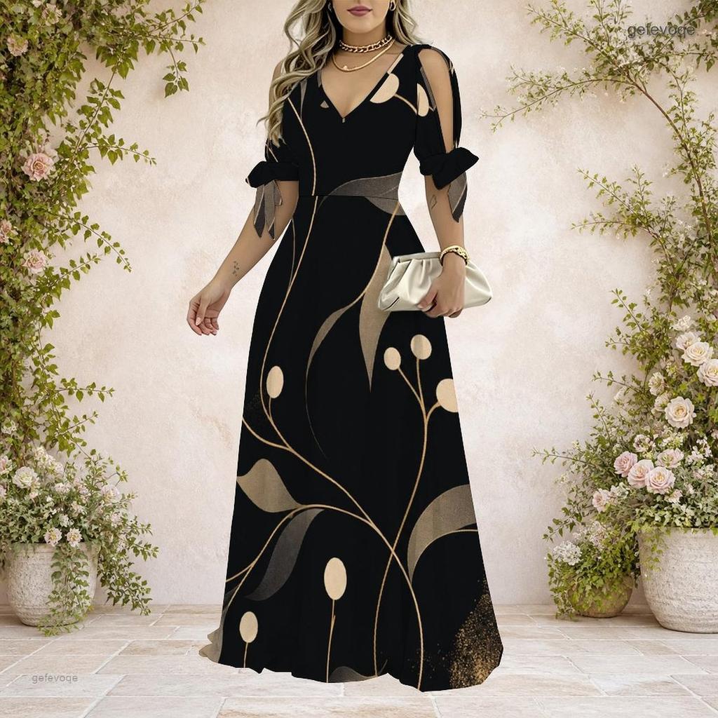Women Plus Size V Neck Cold Shoulder Short Sleeve Tie Cuffs Printed A Line Long Dress