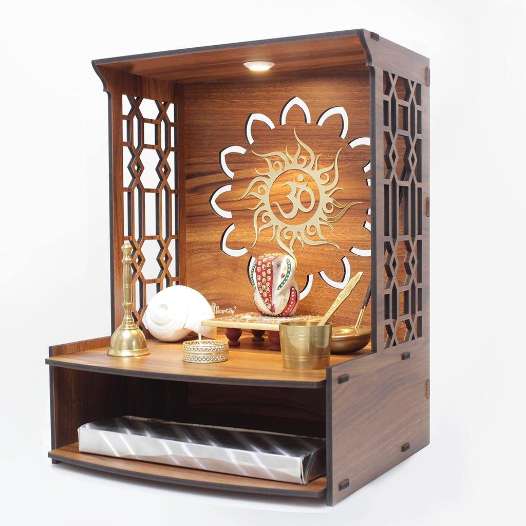 Mangal Beautiful Wooden Pooja Stand for Home, Temple, Office, Wall Mounted Puja Mandir with LED Spot Light, Size (H- 15.5, L- 11.5, W-11 Inch)