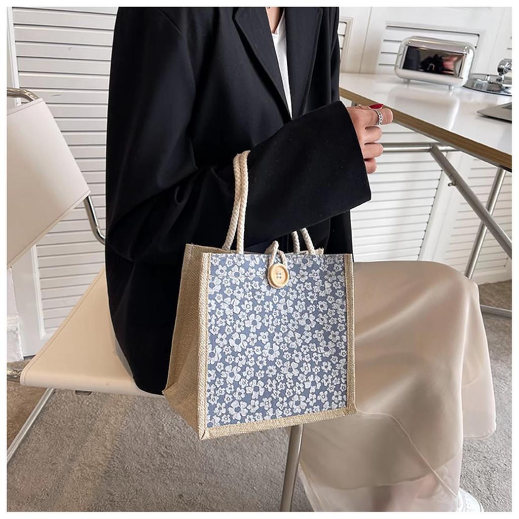 Linen Button Zipper Handbag Large Capacity Grocery Bag Women Stylish Beach Organizer Portable Shopping Tote Bag