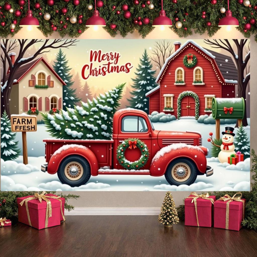 Winter Holiday Banner Red Truck Design Xmas Display Holiday Backdrop Wreath Ornament Snowy Christmas Backdrop For Christmas