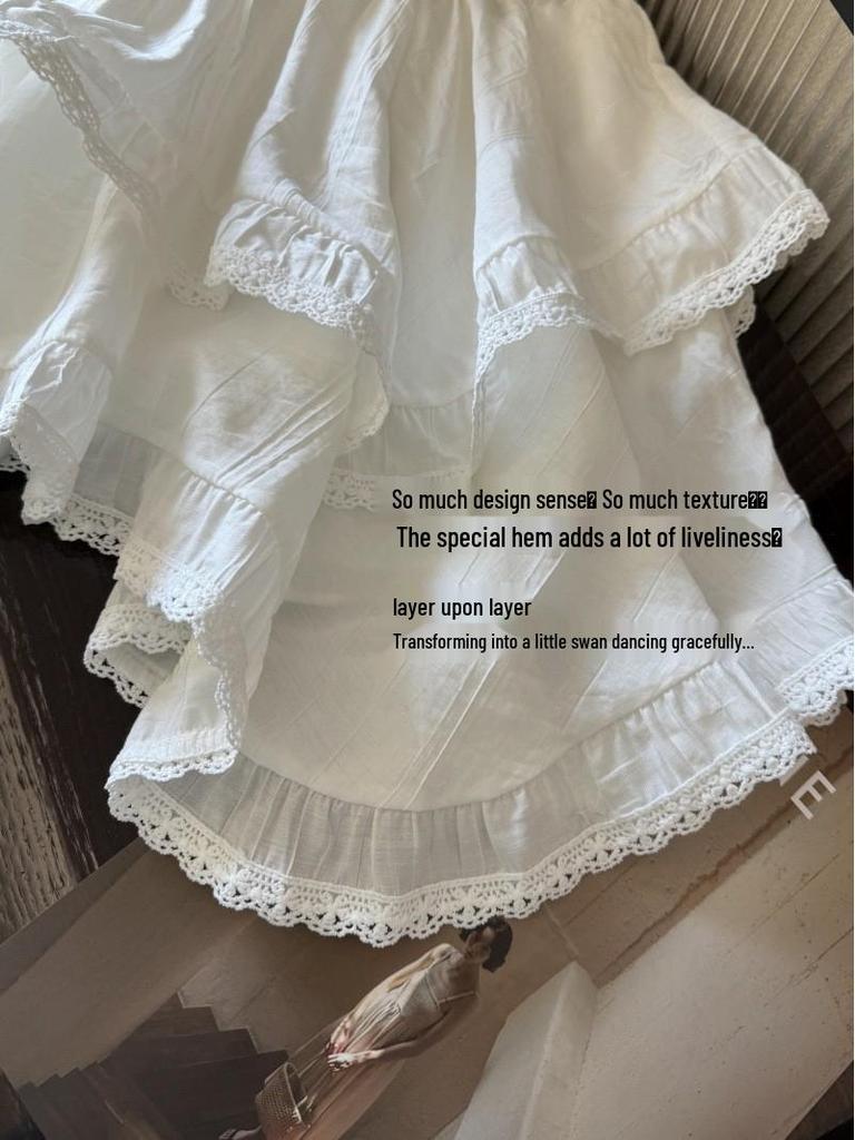 2026 New Irregular White Lace Trim Patchwork Cake Skirt: High Waist, Fluffy, Short Women's Skirt