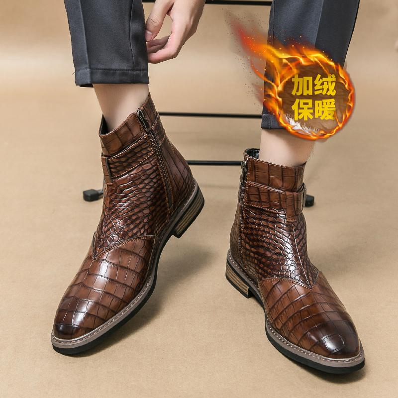 Brand Fashion Men's Side Zipper Snake Leather Pattern High Top Short Boots Pointed Comfortable Banquet Men's Boots