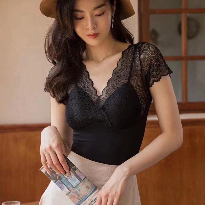 

Корсет для бодибилдинга Женский Новый Сексуальный с V-образным вырезом Цельный С нагрудными подушечками С коротким рукавом Кружевной топ Внутренняя одежда Для похудения Базовая рубашка Black All yards