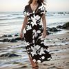 Women Summer Floral Dress Short Sleeve Beach Dress With Pockets Casual V-Neck Split Long T-Shirt Dress Travel Vacation