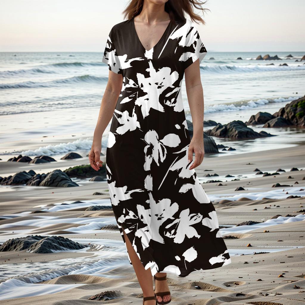 Women Summer Floral Dress Short Sleeve Beach Dress With Pockets Casual V-Neck Split Long T-Shirt Dress Travel Vacation