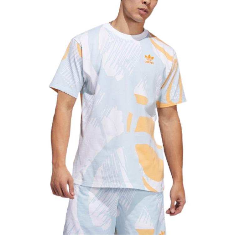 Adidas Originals Trefoil All-Over Print Casual Crew Neck Short Sleeve T-Shirt Men Tops Light-Blue HC2131