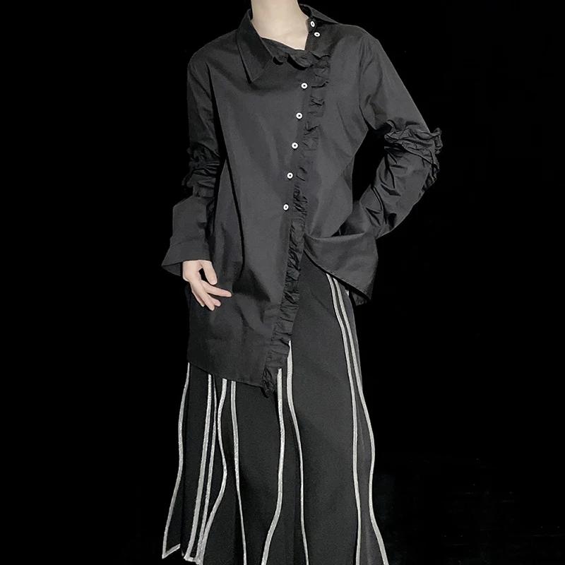 Xitao Edible Tree Fungus Single Breasted Women Shirt Solid Color Turn-down Collar Asymmetrical Split Shirt 2024 Autumn HQQ2392