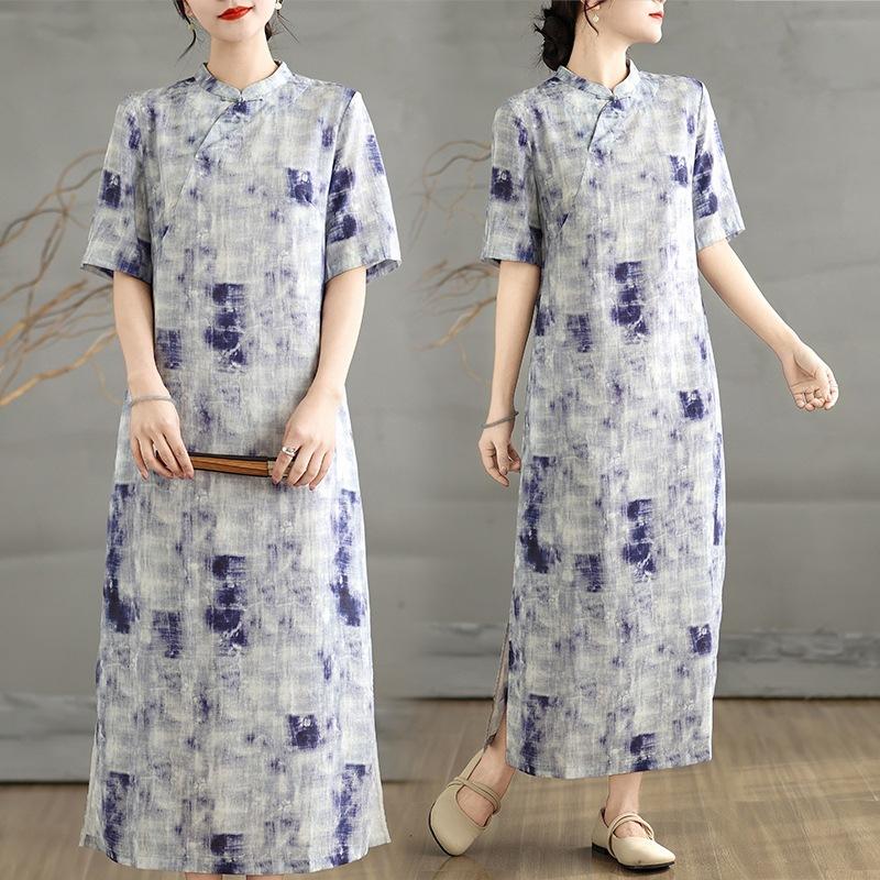 

Улучшенное женское ципао 2025 лето новое с принтом косая планка воротник-стойка короткий рукав платье с темпераментом 2XL