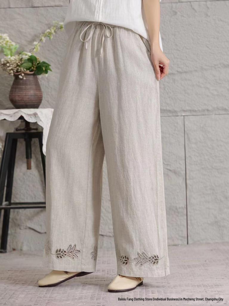 2026 Women's Summer Linen Wide-Leg Straight-Leg Slimming Casual Pants - Lightweight, Breathable, Large Size, Simple Fashion