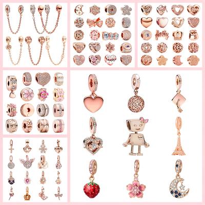 Diy Jewelry Gifts Sparkling Rose Gold Series Charms Safety Chain Bow Love Hearts Daisy Flower Beads Fit Original Bracelets