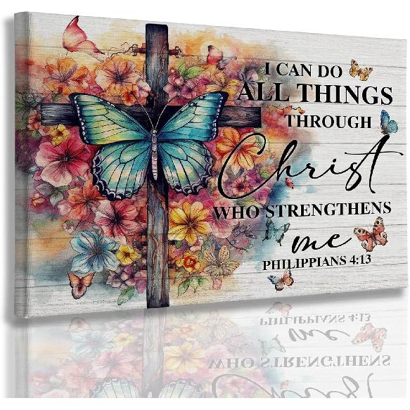 Nitelat Christian Bible Verse Wall Art, I Can Do All Things Through Christ Scripture Canvas Wall Art Decor for Home Room Bedroom, Vintage Floral