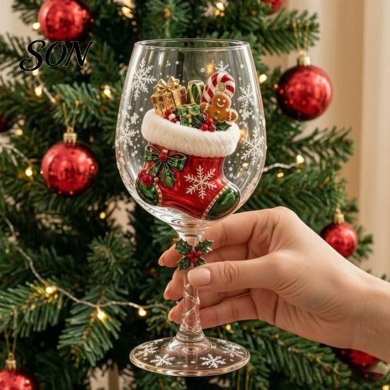 Glasbecher für Weihnachtsfeier Stielglas, Schneemann/WeihnachtsmannKranz/Elch/WeihnachtsbaumHandbemalt, Schneemannmuster Kelch Kreatives Stielglas Feiertag