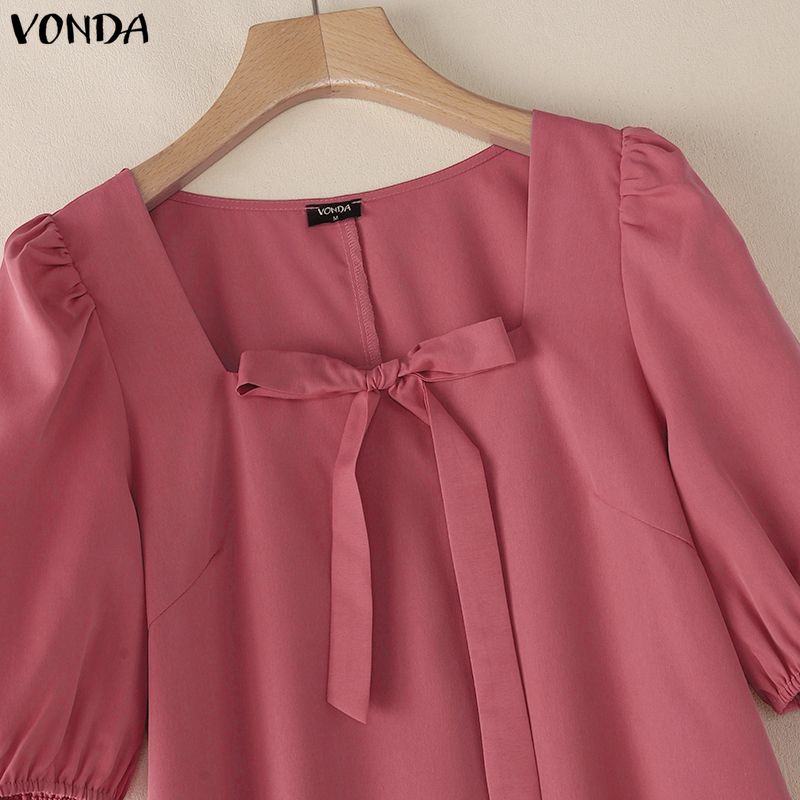 VONDA Abito Maxi Lungo Casual Elegante Estivo da Donna con Scollo Quadrato, Maniche a Sbuffo e Fiocco