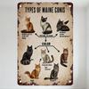 Vintage Maine Coons Types Tin Sign Metal Poster - Rustic Educational Decor with 6 Cat Illustrations for Bar Pub Home Wall Decor
