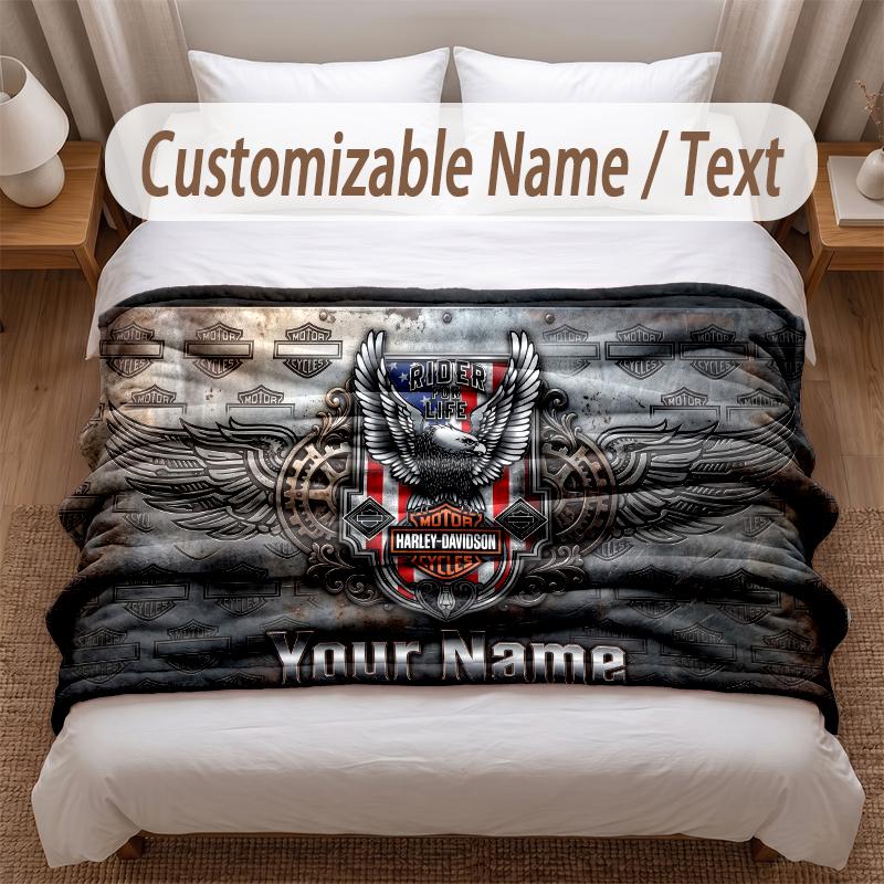 Harley-Davidson Printed Flannel Blanket Custom Name Text Soft Warm Throw For Bedroom Holiday Gift