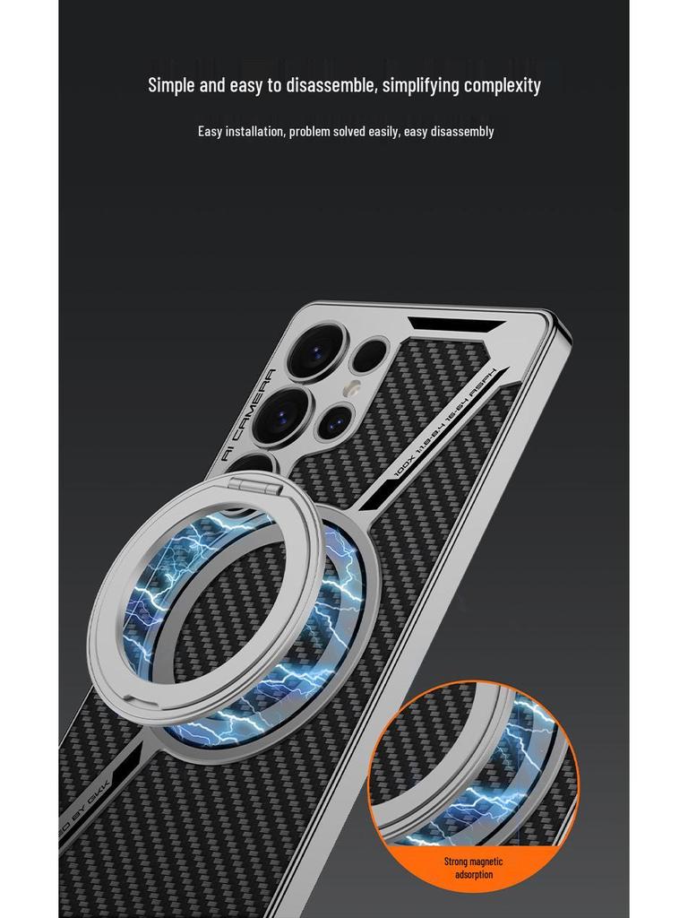 Samsung S25 Ultra Protective Case with Magnetic Rotating Stand – Anti-fall, Electroplated Leather Cover