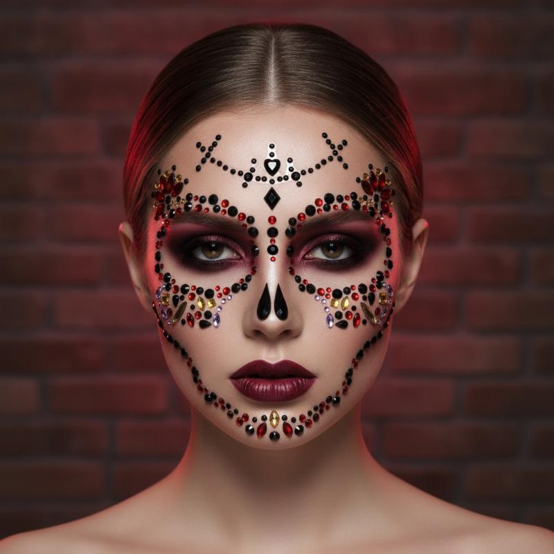 Face Jewel Stickers Colorful Flower Skull Sparkly Rhinestone Self Adhesive for Halloween Masquerade Makeup