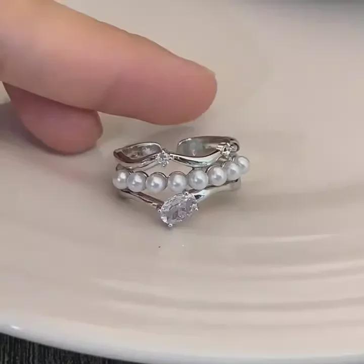Anel de Pérola Zircônia Multicamadas Luxuoso: Design Trendy e Único para Dedo Indicador para Mulheres