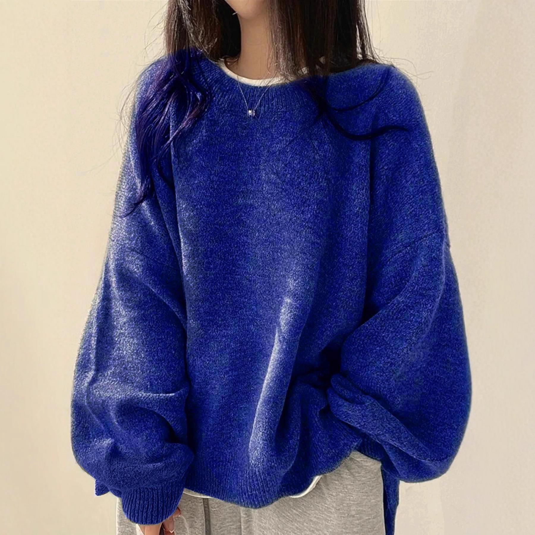 

2025 European Women s Fashion: Casual Loose Knit Pullover 4XL синий