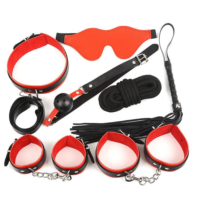 EM41 Leather 7 PCS SM Erotic Toy Set Couple Flirting Bondage Binding Kit Handcuffs Mouth Ball Gag Collar Whip Sex Toys