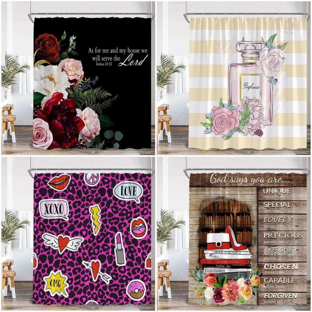 Pink perfume bottle shower curtain pink flower cosmetic pattern bathroom decoration modern fashion shower curtain with hook