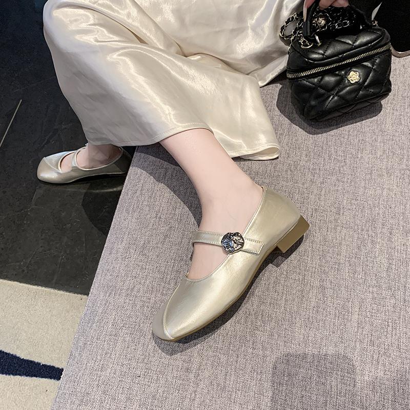 Fashionable Flat Bottom Mary Jane Shoes Women's round Toe Slip-On Summer New Style Low Heel Rubber Outsole Simple Pure Color